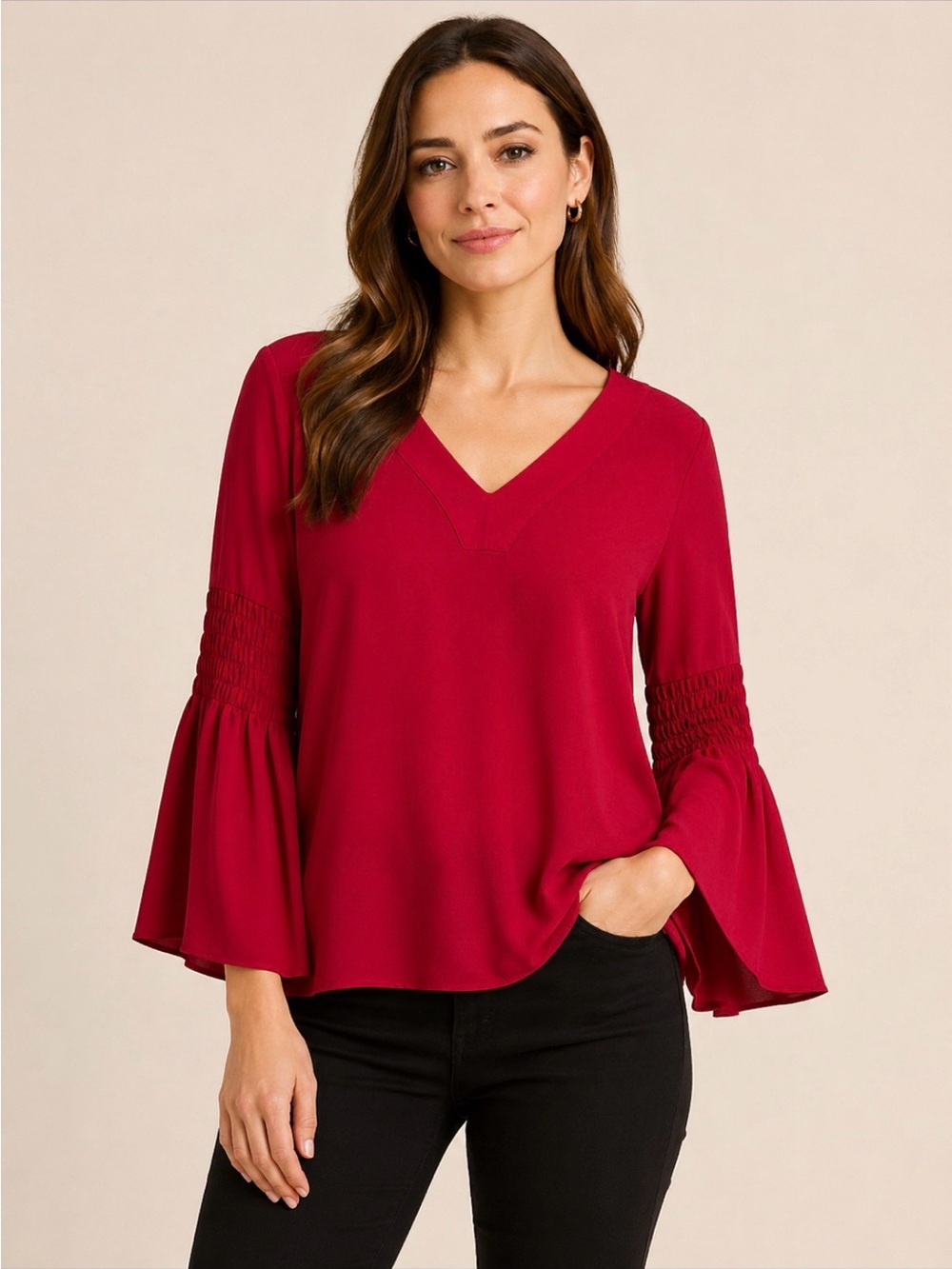 Michael Kors Deep Red V-Neck Bell Sleeve Blouse